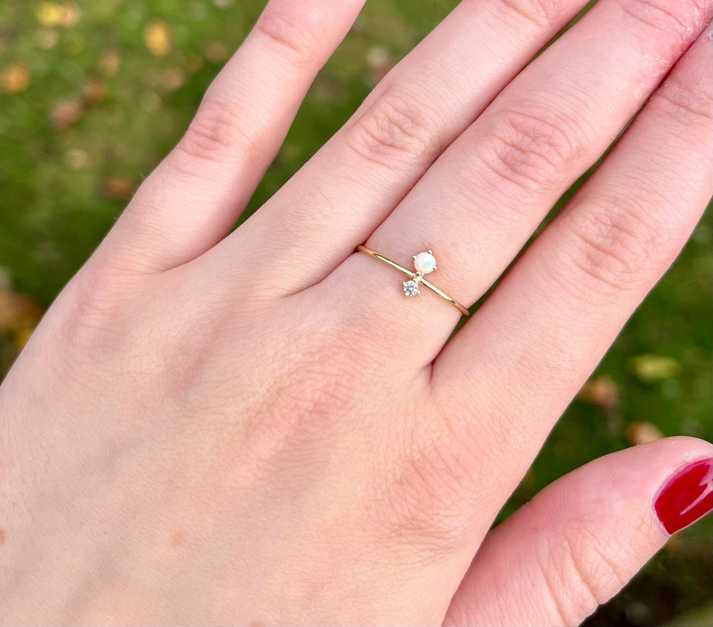 Iris Dainty White Sapphire and Australian Opal Solid Gold Ring