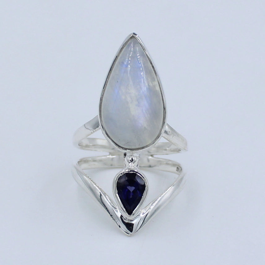 Azaria Rainbow Moonstone and Iolite Silver Ring