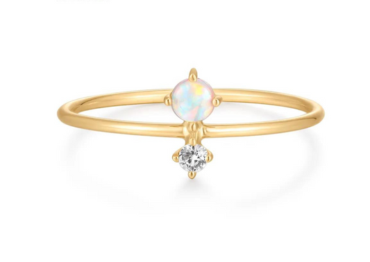 Iris Dainty White Sapphire and Australian Opal Solid Gold Ring