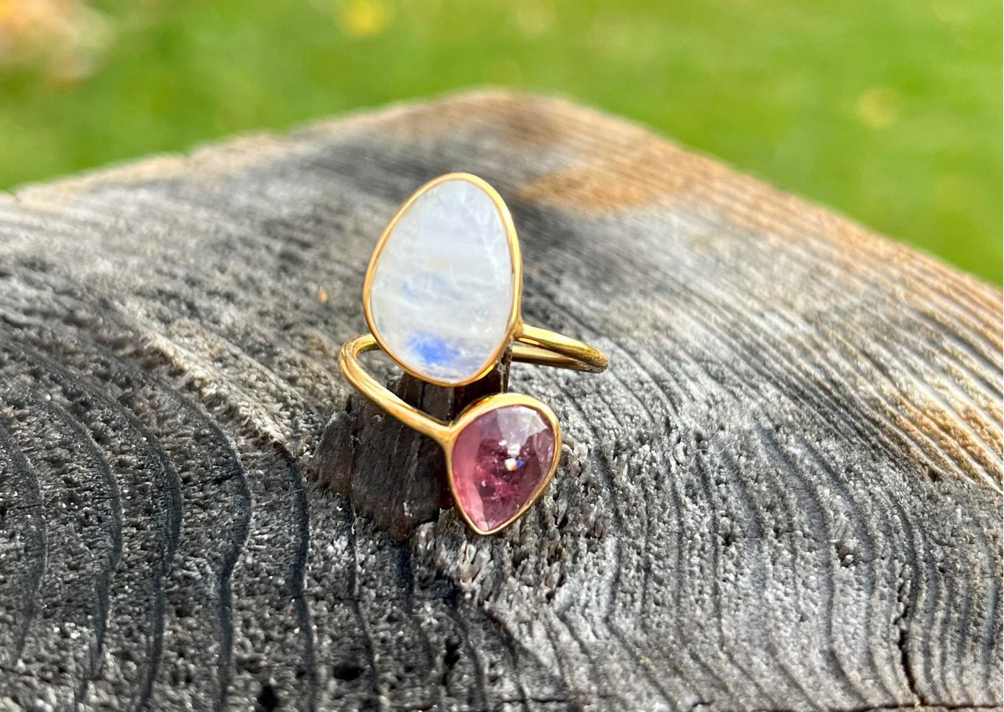 Delilah Gold Plated Moonstone and Tourmaline Ring