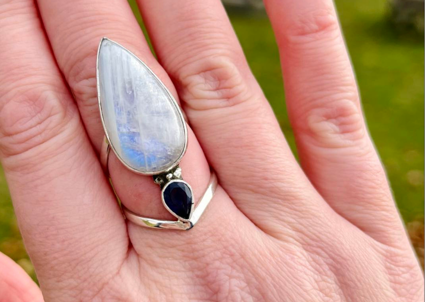 Azaria Rainbow Moonstone and Iolite Silver Ring