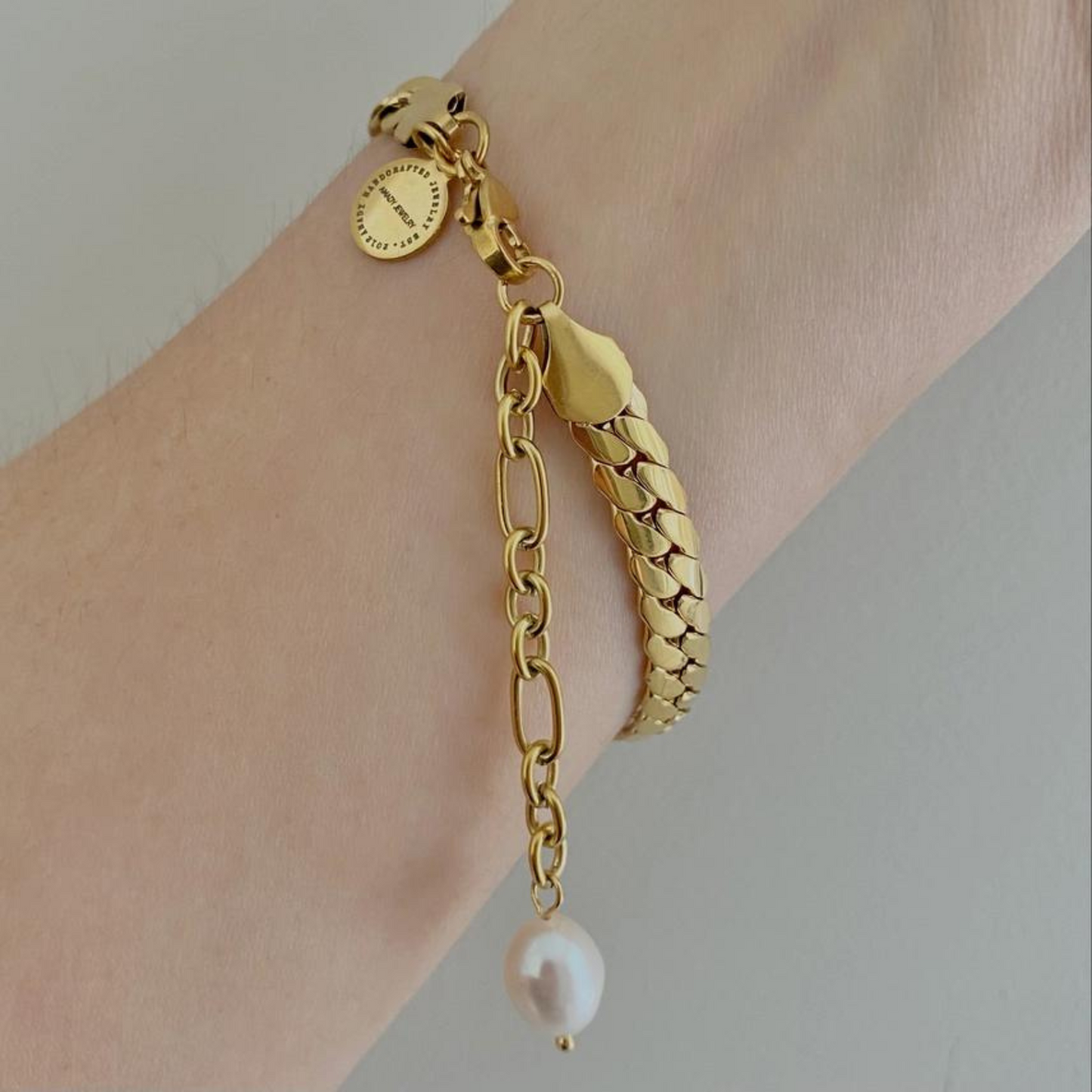 Eloise Gold Plated Flat Cuban Chain Bracelet with Pearl Pendant